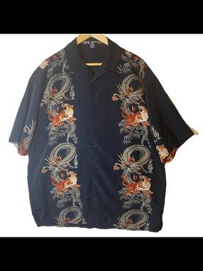 Box Office Island Relaxed Fit Navy Dragon & Tiger Print Shirt Large